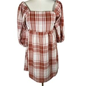 Monteau Los Angeles‎ Dress XS Plaid Rust White Square Neck Balloon Sleeve New
